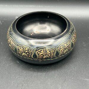 Vintage 1930s Squat Wooden Black Lacquered Bowl With Floral Decorations
